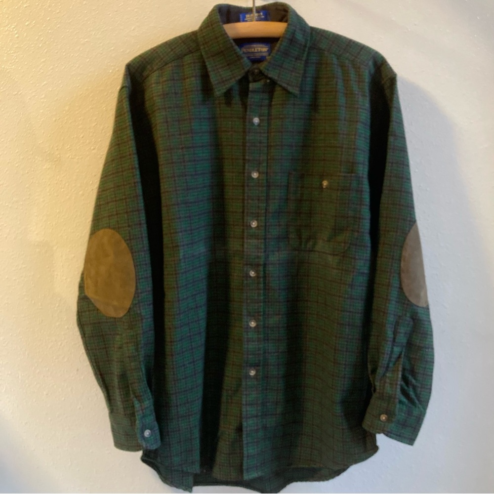 Pendleton Trail Shirt Flannel Mens Medium Blue Green Plaid Elbow Patch